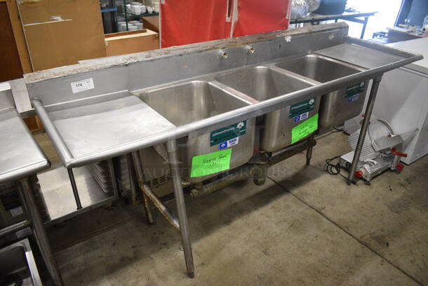 Stainless Steel Commercial 3 Bay Sink w/ Dual Drainboards, Faucet and Handles. 90.5x27x43. Bays 16x21x12. Drainboards 16x23x2