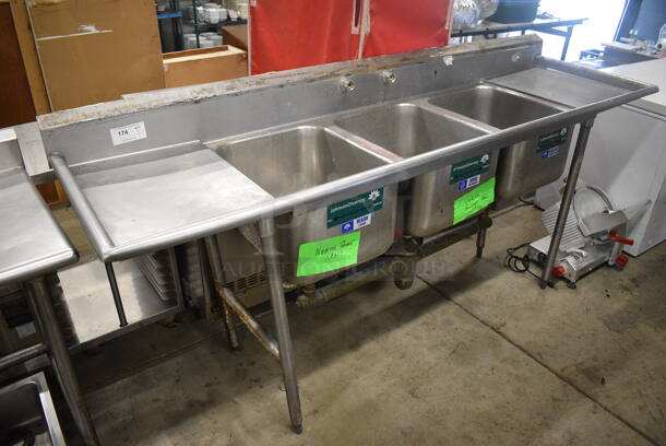 Stainless Steel Commercial 3 Bay Sink w/ Dual Drainboards, Faucet and Handles. 90.5x27x43. Bays 16x21x12. Drainboards 16x23x2 - Image 1 of 5