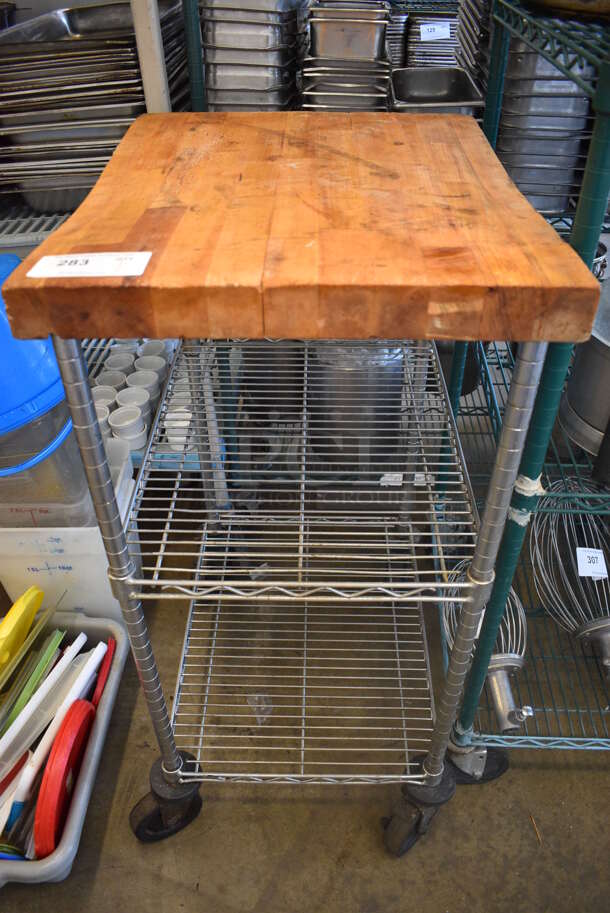 Butcher Block Tabletop w/ 2 Chrome Finish Metro Style Under Shelves on Commercial Casters. 20x24x41.5