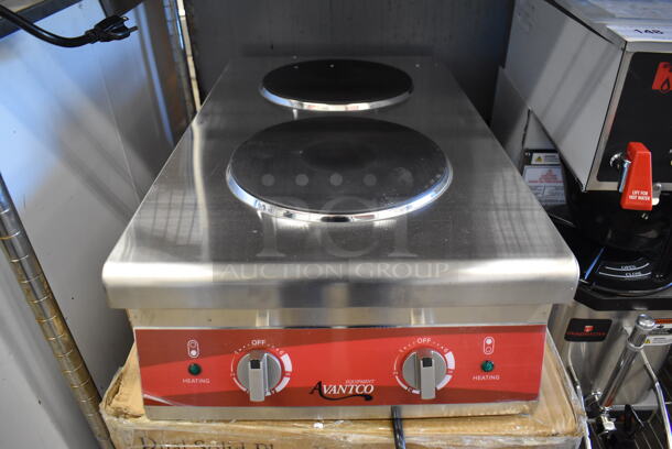 BRAND NEW IN BOX! Avantco FG-02D Stainless Steel Commercial Countertop 2 Burner 2 Tier Induction Range. 208/240 Volts, 1 Phase. 15x25x7. Tested and Working!