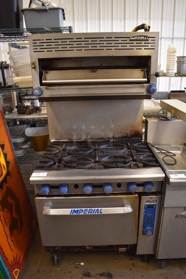 Imperial Stainless Steel Commercial Natural Gas Powered 6 Burner Range w/ Salamander Cheese Melter, Convection Oven and Back Splash on Commercial Casters. 36x33x73