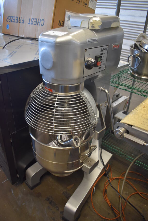 BRAND NEW SCRATCH AND DENT! Galaxy 177GMIX30 Metal Commercial Floor Style 30 Quart Planetary Dough Mixer w/ Stainless Steel Mixing Bowl, Bowl Guard, Dough Hook, Balloon Whisk and Paddle Attachments. 110 Volts, 1 Phase. 22x26x46 - Image 1 of 9