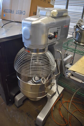 BRAND NEW SCRATCH AND DENT! Galaxy 177GMIX30 Metal Commercial Floor Style 30 Quart Planetary Dough Mixer w/ Stainless Steel Mixing Bowl, Bowl Guard, Dough Hook, Balloon Whisk and Paddle Attachments. 110 Volts, 1 Phase. 22x26x46