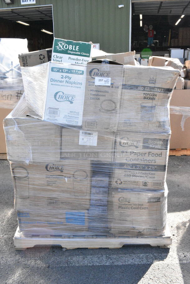 24 BRAND NEW Boxes Including 5002DNAP Choice White 2-Ply Dinner Napkin 17" x 15" - 3000/Case, 127RD8COMBO Choice 8 oz. Customizable Microwavable Clear Round Deli Container and Lid Combo Pack - 250/Case, 760VP130KR Carnival King Kraft 130 oz. Popcorn Bucket - 150/Case, 795PTOKFT1 Choice Kraft Microwavable Folded Paper #1 Take-Out Container 4 3/8" x 3 1/2" x 2 1/2" - 450/Case, 500TW9 Choice 9 oz. Translucent Thin Wall Plastic Cold Cup - 2500/Case, 127RD32COMBO Choice 32 oz. Customizable Microwavable Clear Round Deli Container and Lid Combo Pack - 250/Case, 5001RT800N Lavex 8" Natural Kraft Hardwound Paper Towel, 800 Feet / Roll - 6/Case, 394365M Noble Products Powder-Free Disposable Clear Vinyl Gloves for Foodservice - Medium - 1000/Case, 433XHWBR20SHOC Choice Heavy Duty 20 lb. Shorty Extra Heavy-Duty Natural Kraft Paper Bag - 400/Case, 395SP10PF EcoChoice No PFAS Added 10" x 10" Natural Bagasse Blend Square Plate - 300/Case, 966TALLFLDB Choice White Tall-Fold 6" x 13" Dispenser Napkin - 8000/Case, 500CC20 Choice Clear PET Customizable Plastic Cold Cup - 20 oz. - 600/Case. 24 Times Your Bid!  - Image 1 of 12