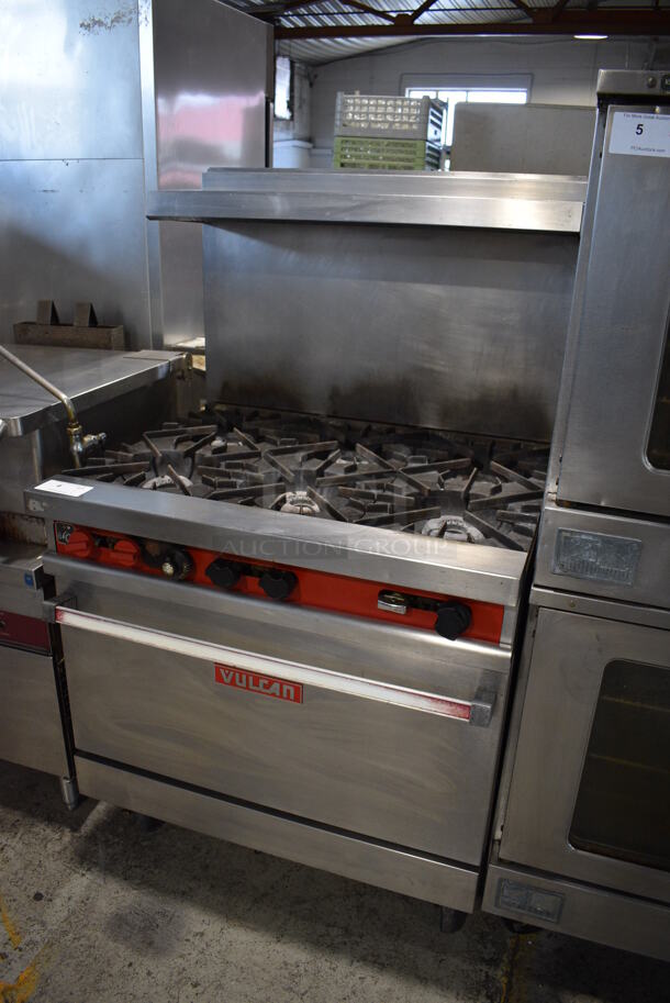 Vulcan 36L-574 Stainless Steel Commercial Natural Gas Powered 6 Burner Range w/ Oven, Over Shelf and Back Splash on Commercial Casters. 36x31x61 - Image 3 of 9
