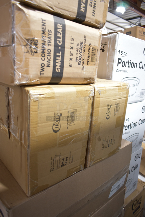 PALLET LOT of 22 BRAND NEW Boxes Including 2 Box 433NACHOS Carnival King Small Clear 2 Compartment Plastic Nacho Tray - 500/Case, 2 Box 176CMT7RHBL Choice 10 1/2" x 15 1/2" Right Handed Heavy-Duty Melamine NSF Blue 7 Compartment Tray - 12/Pack, 3 Box 128HD8COMBO ChoiceHD 8 oz. Microwavable Translucent Plastic Deli Container and Lid Combo Pack - 240/Case, 760SOUP6WB Choice 6 oz. White Double Poly-Coated Paper Food Cup - 1000/Case, 2 Box 500TO963 Choice 9" x 6" x 3" Microwaveable 2-Compartment Black / Clear Plastic Hinged Container - 100/Case, 3 Box 127P150C Choice 1.5 oz. Clear Plastic Souffle Cup / Portion Cup - 2500/Case, 500TW5 Choice 5 oz. Translucent Thin Wall Plastic Cold Cup - 2500/Case, 2 Box 5001BNAP EcoChoice 1-Ply Natural Kraft Beverage / Cocktail Napkin - 4000/Case. 22 Times Your Bid! - Image 3 of 12