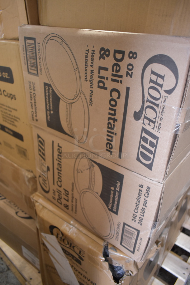 PALLET LOT of 22 BRAND NEW Boxes Including 2 Box 433NACHOS Carnival King Small Clear 2 Compartment Plastic Nacho Tray - 500/Case, 2 Box 176CMT7RHBL Choice 10 1/2" x 15 1/2" Right Handed Heavy-Duty Melamine NSF Blue 7 Compartment Tray - 12/Pack, 3 Box 128HD8COMBO ChoiceHD 8 oz. Microwavable Translucent Plastic Deli Container and Lid Combo Pack - 240/Case, 760SOUP6WB Choice 6 oz. White Double Poly-Coated Paper Food Cup - 1000/Case, 2 Box 500TO963 Choice 9" x 6" x 3" Microwaveable 2-Compartment Black / Clear Plastic Hinged Container - 100/Case, 3 Box 127P150C Choice 1.5 oz. Clear Plastic Souffle Cup / Portion Cup - 2500/Case, 500TW5 Choice 5 oz. Translucent Thin Wall Plastic Cold Cup - 2500/Case, 2 Box 5001BNAP EcoChoice 1-Ply Natural Kraft Beverage / Cocktail Napkin - 4000/Case. 22 Times Your Bid! - Image 4 of 12