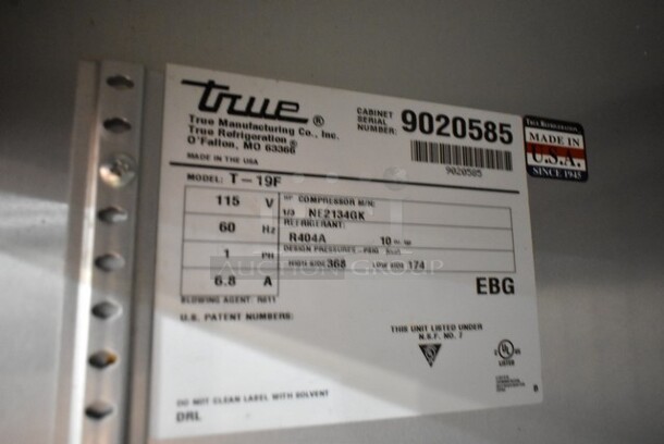 2017 True T-19F Stainless Steel Commercial Single Door Reach In Cooler on Commercial Casters. Back Right Caster is Broken and Back Left Caster Is Missing. 115 Volts, 1 Phase. Tested and Working! - Image 4 of 4