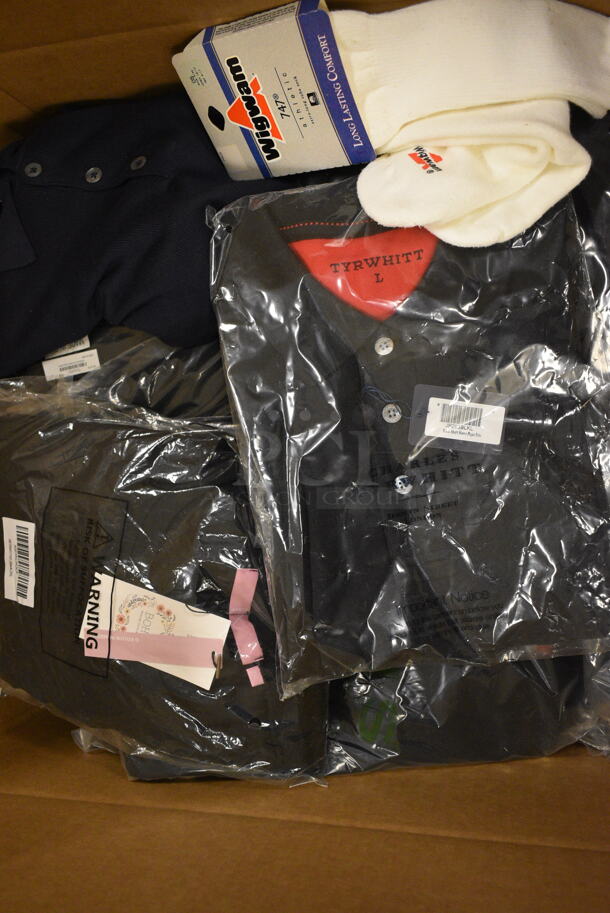 ALL ONE MONEY! Box Lot of Various Men's Clothing Including Shirts, Socks, and Pull Over Sweaters/Sweatshirts. Brands Include Charles Tyrwhitt, Paul Fredrick, Carnoustie, and Eddie Bauer. Sizes Range From M to XL