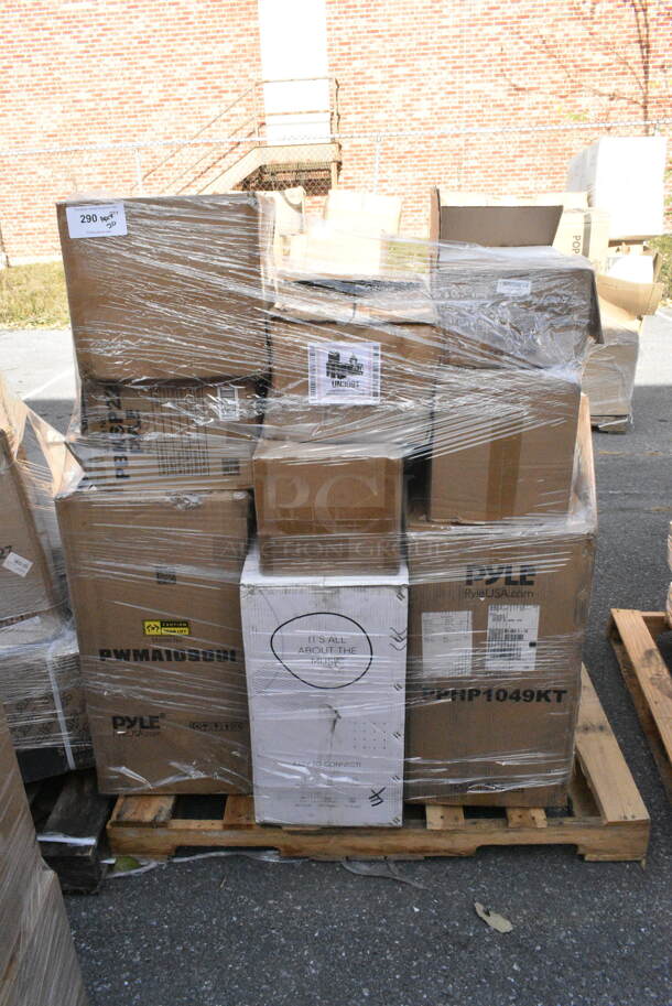 20 IN ORIGINAL BOX! Items Including PWMA1090UI Pyle Wireless & Portable PA Speaker System, PBKSP22 Pyle HiFi Desktop Bookshelf Speakers Pair 300 Watt Powered Bluetooth Compatible Active Passive Book Shelf Speakers, Pyle PPHP1049KT Active Passive Bluetooth PA Dual Loudspeaker Sound system Kit & Microphones, SLDEHU50 SereneLife Compact Dehumidifier, PWMA5000BA Pyle Wireless BT Home Theater Preamplifier. 20 Times Your Bid!  - Image 1 of 8