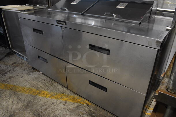 Delfield Model UCD4464N-12-DD5 Stainless Steel Commercial Sandwich Salad Prep Table Bain Marie Mega Top w/ Over Shelf on Commercial Casters. Comes w/ Damaged, Detached Kickplate. 115 Volts, 1 Phase. 65x32x50. Cannot Test - Unit Trips Breaker - Image 4 of 10