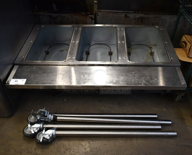 Eagle DHT3-120 Stainless Steel Commercial Electric Powered 3 Bay Steam Table and 4 Legs on Commercial Casters. 120 Volts, 1 Phase. Tested and Working!