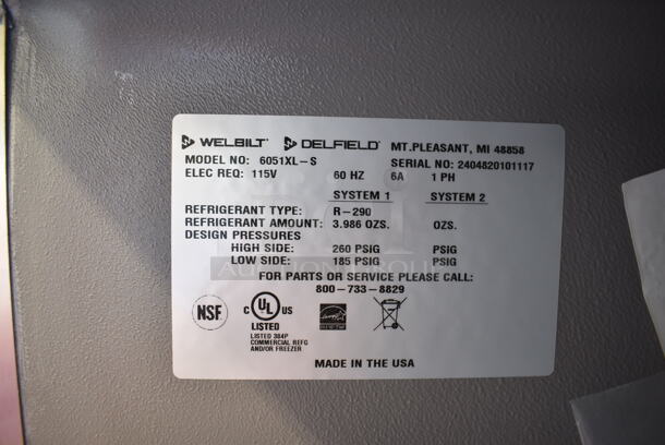 BRAND NEW SCRATCH AND DENT! 2024 Delfield 6051XL-S Stainless Steel Commercial 2 Door Reach In Cooler w/ Racks on Commercial Casters. 115 Volts, 1 Phase. Tested and Working! - Image 7 of 7