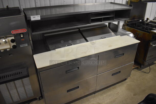 Delfield Stainless Steel Commercial Sandwich Salad Prep Table Bain Marie Mega Top w/ 4 Drawers and Over Shelf on Commercial Casters. 115 Volts, 1 Phase. 64x32x57. Tested and Working! - Image 2 of 10
