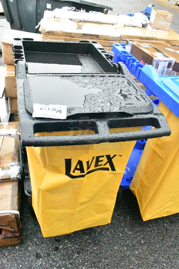 BRAND NEW SCRATCH AND DENT! Lavex 274BLKCARTWB Premium Black 3-Shelf Janitor Cart Kit with Yellow Bag, Black Zippered Bag, and Lid - Image 2 of 7