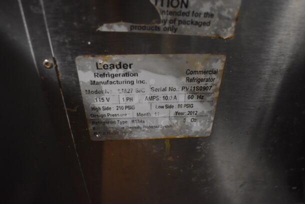 2012 Leader LM27 S/C Stainless Steel Commercial Sandwich Salad Prep Table Bain Marie Mega Top on Commercial Casters. 115 Volts, 1 Phase. 27x27x46. Tested and Powers On But Does Not Get Cold - Image 5 of 7