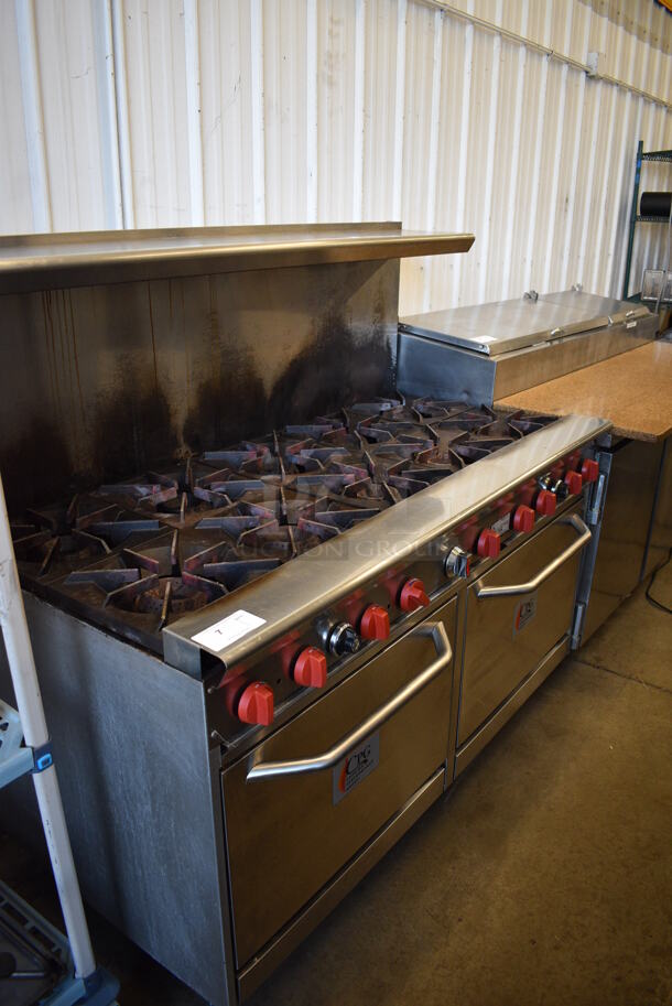 CPG Stainless Steel Commercial Natural Gas Powered 10 Burner Range w/ 2 Ovens, Over Shelf and Back Splash. 60x32x58 - Image 2 of 7
