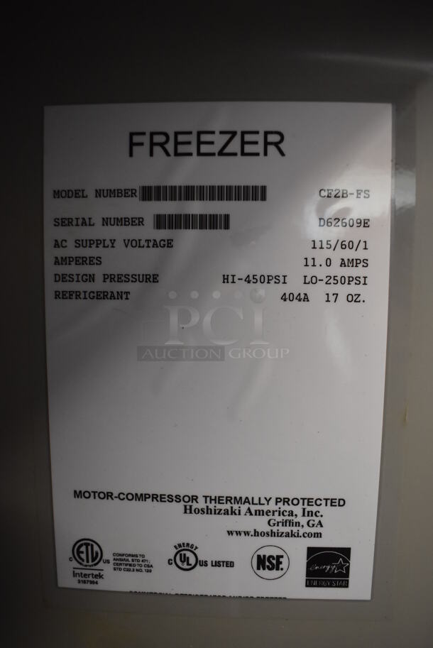 2014 Hoshizaki CF2B-FS ENERGY STAR Stainless Steel Commercial 2 Door Reach In Freezer w/ Poly Coated Racks on Commercial Casters. 115 Volts, 1 Phase. 55x33.5x79. Tested and Working! - Image 6 of 6