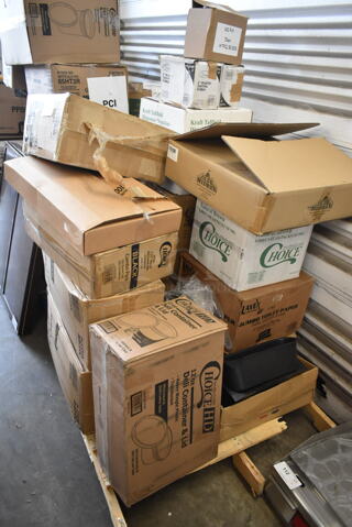 PALLET LOT of 15 BRAND NEW Boxes Including 147RIC3015231 Seko RIC0152313 Front Cover for WareDose Dosing Systems, 2 Box 130APPFRK5CL Visions 5" Clear Plastic Tasting Fork - 500/Box, Kraft Tallfold Dispenser Napkins, Olde Midway Hot Dog Roller Cover, Cambro 35CLRHP150 H-Pan™ 1/3 Size Amber High Heat Plastic Colander Pan - 5" Deep, 5001TPJ Lavex 1-Ply Jumbo 1400' Toilet Paper Roll with 9" Diameter - 12/Case, 128HD12COMBO ChoiceHD 12 oz. Microwavable Translucent Plastic Deli Container and Lid Combo Pack - 240/Case, 2 Box 50020W Choice 20 oz. White Poly Paper Hot Cup - 600/Case, 129MCR24B Choice 24 oz. Black Round Microwavable Heavy Weight Container with Lid 7 1/4" - 150/Case. 15 Times Your Bid!