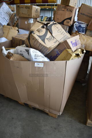 PALLET LOT of 20 BRAND NEW Boxes Including 600-318 Lids, 394385L Noble Gloves, Dart 60HT1 White Foam Hinged Lid Container 6" x 6" x 3" - 500/Case, 2 Box 127SB32COMBO Choice 32 oz. Clear Plastic Salad Bowl with Lid - 150/Case, 130HFWH1M Visions White Heavy Weight Plastic Fork - Case of 1000, 500CC9 Choice 9 oz. Clear PET Customizable Plastic Squat Cold Cup - 1000/Case. 20 Times Your Bid!