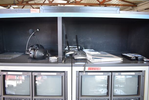 Television Production Station w/ Acer x193w Monitor, Planar PL1700 Monitor, 6 JVC TM-1011 Monitors, 2 JVC SR-DVM600 DVD/HDD/DVD Recorder, Pansonic AG-DV2500 Digital Video Recorder, JVC SR-MV45 VHS/DVD Recorder, Extron VSC500 Video Scan Converter, Extron DA2 RGBHV Wideband RGB Distribution Amplifier, 2 Panasonic AW-RC600 Remote Control Rack Units, Anchor Speaker, Tascam CD-RW900SL Slot Loading CD Recorder Rack Unit, Crown D-45 Power Amplifier Rack Unit, Clear Com MS-702 2 Channel Main Station Rack Unit, Drake VM2050 T Channel Video Modulator. - Image 7 of 12