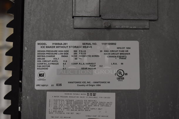 2012 Manitowoc IY0854A-261 Stainless Steel Commercial Ice Machine Head on Commercial Ice Bin. 208-230 Volts, 1 Phase. 31x34x77 - Image 5 of 5