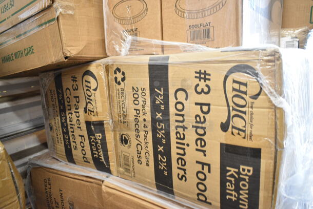 PALLET LOT of 30 BRAND NEW Boxes Including 2 Box 500LFLAT Choice Clear Plastic Flat Lid with Straw Slot - 32 oz. - 500/Case, 2 Box 795PTOKFT3 Choice Kraft Microwavable Folded Paper #3 Take-Out Container 7 3/4" x 5 1/2" x 2 1/2" - 200/Case, Clear Hinged Lid Containers, 2 Choice Black 1.5 oz Portion Cups, 500CC10 Choice 10 oz. Clear PET Plastic Cold Cup - 1000/Case, 2 Box Corrugated White Circles 12", Dinex DX3353IL03 DuraTherm Onyx Insulated 9 oz. Soup Bowl Lid - 48/Case, 2 Box 128HD8COMBO  ChoiceHD 8 oz. Microwavable Translucent Plastic Deli Container and Lid Combo Pack - 240/Case, 2 Box 394365M Medium Noble Gloves, Lavex Black 3946101M Gloves, 2 Box 500CC12 Choice Clear PET Customizable Plastic Cold Cup - 12 oz. - 1000/Case. 30 Times Your Bid! - Image 6 of 12