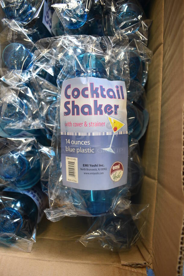 ALL ONE MONEY! Lot of 72 BRAND NEW IN BOX Yoshi Blue Plastic 14 Ounce Cocktail Shakers. 3.5x3.5x7.5
