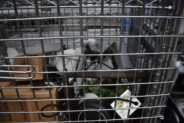 ALL ONE MONEY! Lot of Chrome Finish 3 Tier Shelving Unit on Commercial Casters w/ Liquor Cage and All Contents Including Wooden Box, Chafing Dish, Fake Plant. BUYER MUST DISMANTLE. PCI CANNOT DISMANTLE FOR SHIPPING. PLEASE CONSIDER FREIGHT CHARGES. 50x25x68 - Image 8 of 10