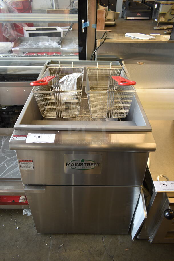 BRAND NEW SCRATCH AND DENT! 2023 Mainstreet 541FF100L Stainless Steel Commercial Floor Style Propane Gas Powered Deep Fat Fryer w/ 2 Fry Baskets. 150,000 BTU. - Image 1 of 7
