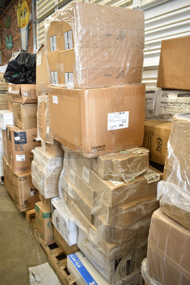 PALLET LOT of 25 BRAND NEW Boxes Including 130HCUTFWR Visions Individually Wrapped White Heavy Weight Plastic Fork - 1000/Case, 394365XL Noble X Large Gloves, Choice 3000 Ft Cling Film, 4 Box Lavex Guest Towels, 129MCR32B Choice 32 oz. Black Round Microwavable Heavy Weight Container with Lid 7 1/4" - 150/Case, 395TO901 Choice Eco Take Out Boxes, 2 Box 500LFLAT Choice Clear Flat Lid with Straw Slot - 9, 12, 16, 20, and 24 oz. - 1000/Case, 130TRAY16 Visions Black PET Plastic 16" Thermoform Catering / Deli Tray - 25/Case, 760IC06W Choice 6 oz. White Paper Frozen Yogurt / Food Cup - 1000/Case. 25 Times Your Bid! - Image 1 of 12