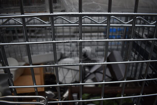 ALL ONE MONEY! Lot of Chrome Finish 3 Tier Shelving Unit on Commercial Casters w/ Liquor Cage and All Contents Including Wooden Box, Chafing Dish, Fake Plant. BUYER MUST DISMANTLE. PCI CANNOT DISMANTLE FOR SHIPPING. PLEASE CONSIDER FREIGHT CHARGES. 50x25x68 - Image 9 of 10