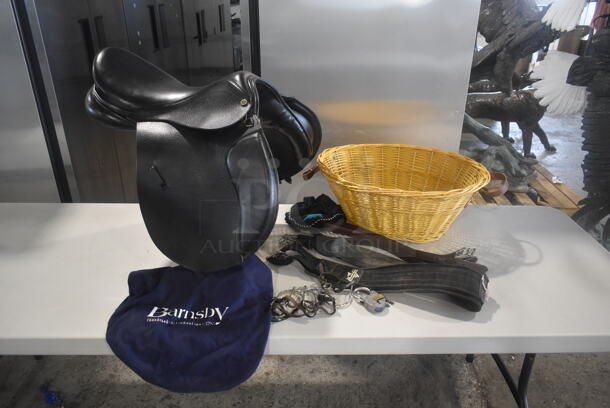 ALL ONE MONEY! Black Leather Cliff Barnsby - Saddler to the Queen Size 17.5 Saddle and Bag, Professionals Choice Girth, Reins, Horse Blinders, RMS Titanic Padlock and Basket! - Image 1 of 12