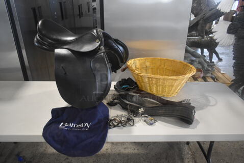 ALL ONE MONEY! Black Leather Cliff Barnsby - Saddler to the Queen Size 17.5 Saddle and Bag, Professionals Choice Girth, Reins, Horse Blinders, RMS Titanic Padlock and Basket!