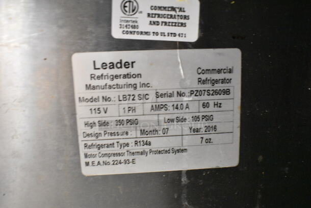 2016 Leader LB72 S/C Stainless Steel Commercial 3 Door Undercounter Cooler on Commercial Casters. 115 Volts, 1 Phase. Tested and Working! - Image 7 of 7