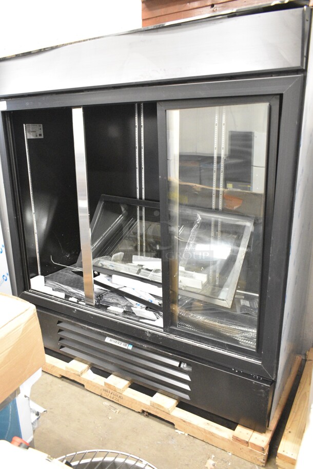 BRAND NEW SCRATCH AND DENT! Beverage Air MMR66HC-1-BB MarketMax 75" Black Glass Sliding Door Merchandiser Refrigerator with Black Interior. 2 Doors w/ Broken Glass, See Pictures. 115 Volts, 1 Phase. Tested and Powers On But Does Not Get Cold - Image 1 of 10