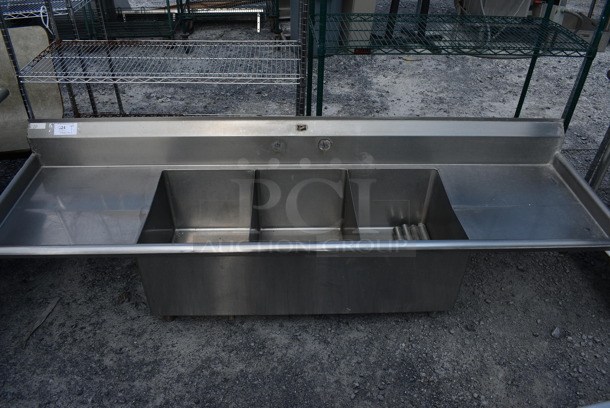 Duke Stainless Steel Commercial 3 Bay Sink w/ Dual Drainboards and Legs. 94x27x25. Bays 16x21x13. Drain Boards 22x23x1