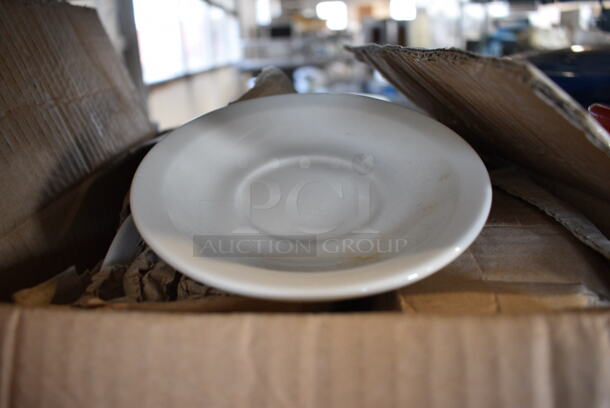 36 BRAND NEW IN BOX! White Ceramic Saucers. 5.5x5.5x1. 36 Times Your Bid!