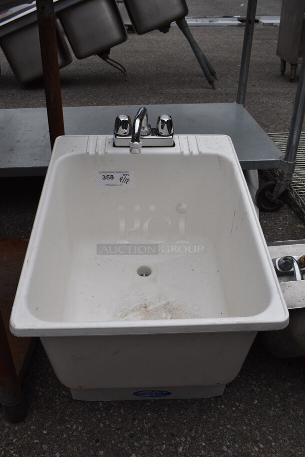 White Poly Single Bay Sink w/ Faucet and Handles.