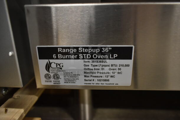 BRAND NEW SCRATCH AND DENT! Cooking Performance Group CPG 351S36SUL Stainless Steel Commercial Propane Gas Powered 2 Tier 6 Burner Range w/ Oven, Back Splash and Over Shelf. 210,000 BTU. - Image 6 of 7