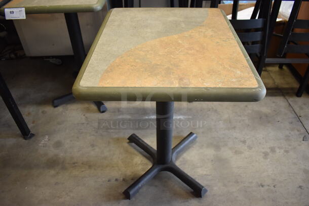 Tan and Gray Green Table on Black Metal Table Base. 20x24x29.5