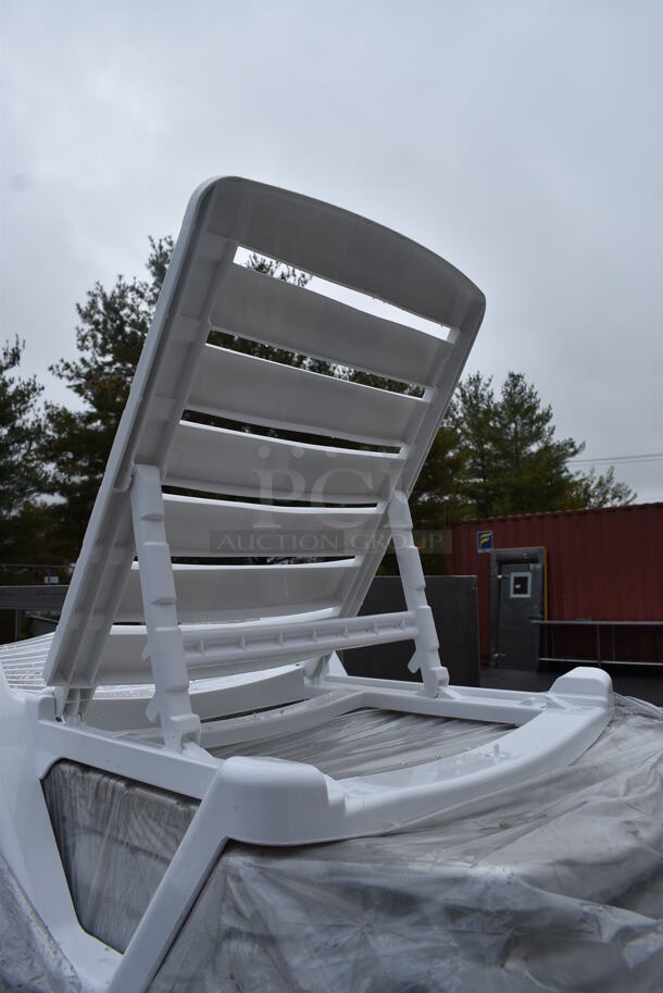 6 BRAND NEW SCRATCH AND DENT! Lancaster Table & Seating White Stacking Adjustable Resin Chaise. 72x28x16. 6 Times Your Bid! - Image 3 of 5