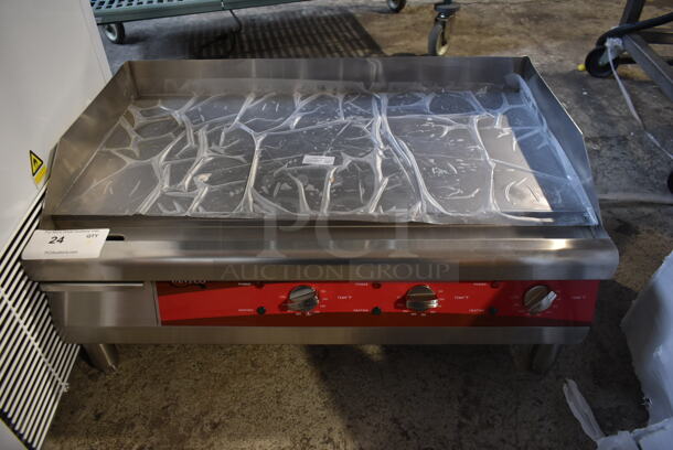 BRAND NEW SCRATCH AND DENT! Avantco 177EG30N Stainless Steel Commercial Countertop Electric Powered Flat Top Griddle w/ Thermostatic Controls. 208/240 Volts, 1 Phase. 
