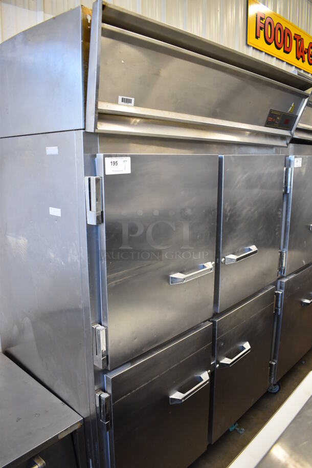 Victory Stainless Steel Commercial 4 Half Size Door Reach In Cooler w/ Poly Coated Racks on Commercial Casters. 52x36x84. Tested and Does Not Power On