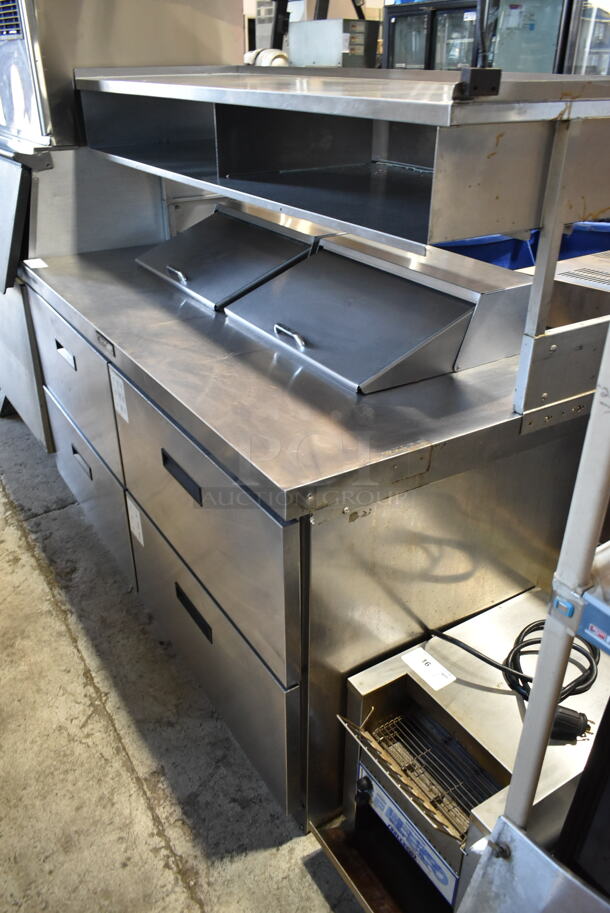 Delfield Stainless Steel Commercial Sandwich Salad Prep Table Bain Marie Mega Top w/ 4 Drawers and Over Shelf. Tested and Powers On But Does Not Get Cold