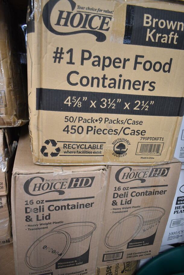 PALLET LOT of 35 BRAND NEW Boxes Including 127RD16COMBO Choice 16 oz. Customizable Microwavable Clear Round Deli Container and Lid Combo Pack - 250/Case, 433NHT100 Choice 1/6 Standard Size White "Thank You" Script Heavy-Duty Plastic T-Shirt Bag - 600/Case, 2 Box 130HCUTFWR Visions Individually Wrapped White Heavy Weight Plastic Fork - 1000/Case, 500TW16S Choice 16 oz. Translucent Thin Wall Squat Plastic Cold Cup - 1000/Case, 795PTOKFT1 Choice 4 5/8" x 3 1/2" x 2 1/2" Kraft Microwavable Folded Paper #1 Take-Out Container - 450/Case, 2 Box 128HD16COMBO ChoiceHD 16 oz. Microwavable Translucent Plastic Deli Container and Lid Combo Pack - 240/Case, 2 Box Dart 16RCLBLK Optima Black Travel Lid with Reclosable Tab - 1000/Case, 3 Box 347RP10WHSS Visions Wave 10" White Plastic Plate - 144/Case, 2 Box of BW-1025 10 oz. Customizable Polycarbonate Wine / Juice Decanter, 5002CPTENAT Lavex 2-Ply Natural Kraft Center Pull Paper Towel 510' Roll - 6/Case, 130LID18 Visions 18" Clear PET Plastic Round Catering Tray High Dome Lid - 25/Case. 35 Times Your Bid! - Image 5 of 12
