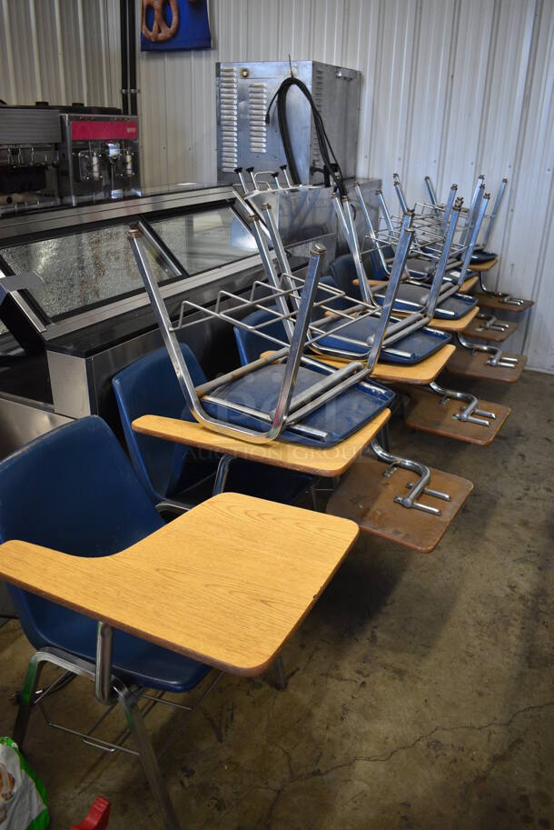 12 Blue Poly Chairs w/ Attached Wood Pattern Desktop. 25x29x28. 12 Times Your Bid! - Image 4 of 4