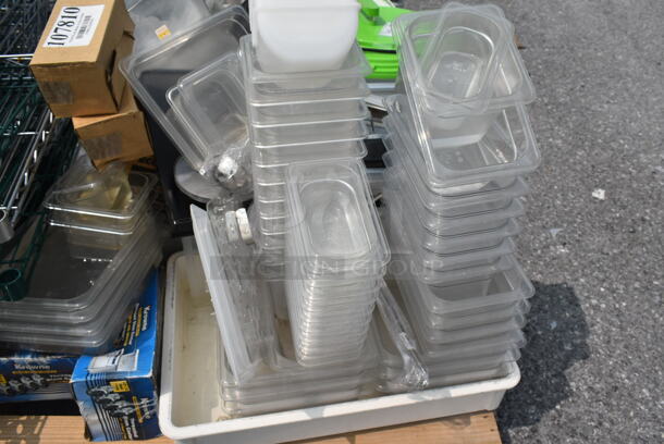 ALL ONE MONEY! Pallet Lot of Plastic Drop-In Bins and Lids, Vitamix, Salad Spinner, 6-Outlet Surge Protector Power Strip, Commercial Casters, AND MORE!  - Image 6 of 6