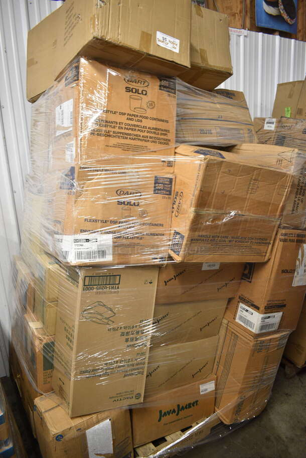 PALLET LOT of 26 BRAND NEW Boxes of Various Items Including Dart 32AJ20 32 oz. White Customizable Foam Travel Cup - 400/Case, Karat KE/BHC96-10 Hinged Containers, 4J6 Dart 4 oz. White Customizable Foam Food Container - 1000/Case, Dart Paper Food Containers, Plastic Cups, Dixie Ultra Bowls, Java Jacket Hot Cup Sleeves, Dart 20HDLC Clear High Dome Lid with No Hole - 1000/Case. 26 Times Your Bid! - Image 1 of 12