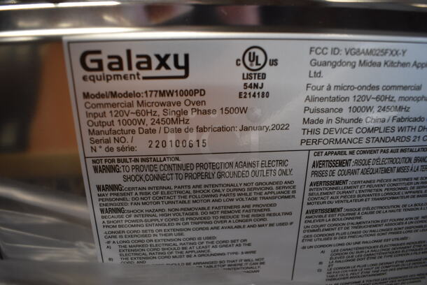 BRAND NEW IN BOX! 2022 Galaxy 177MW1000PD Stainless Steel Commercial Countertop Microwave Oven. 120 Volts, 1 Phase. 20x16x12. Tested and Working! - Image 6 of 8